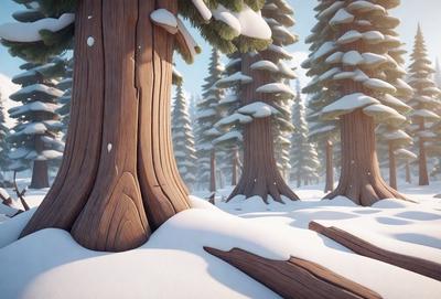 The primary subject of the image is a large tree with a snow-covered trunk. The setting is a snowy forest, with several other trees surrounding the main tree. The visual style is a digital art or illustration, creating a wintery and serene atmosphere. The dominant colors are white, due to the snow, and the green of the trees.